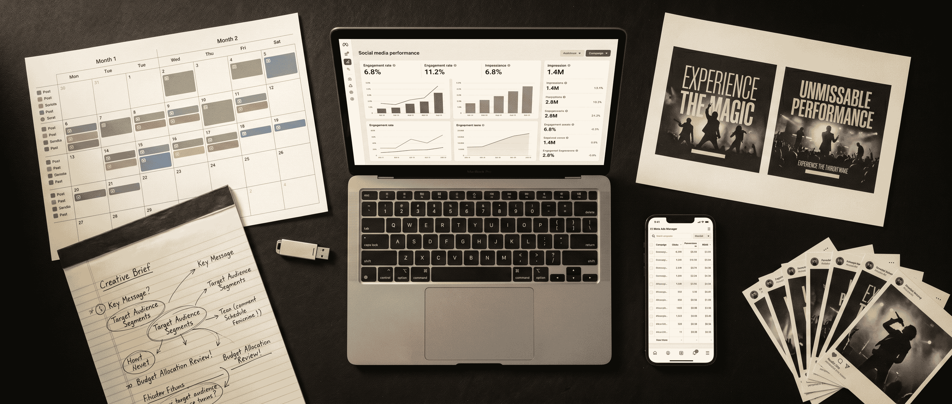 Campaign artefacts — content samples, paid creative, performance dashboard. Anonymised.