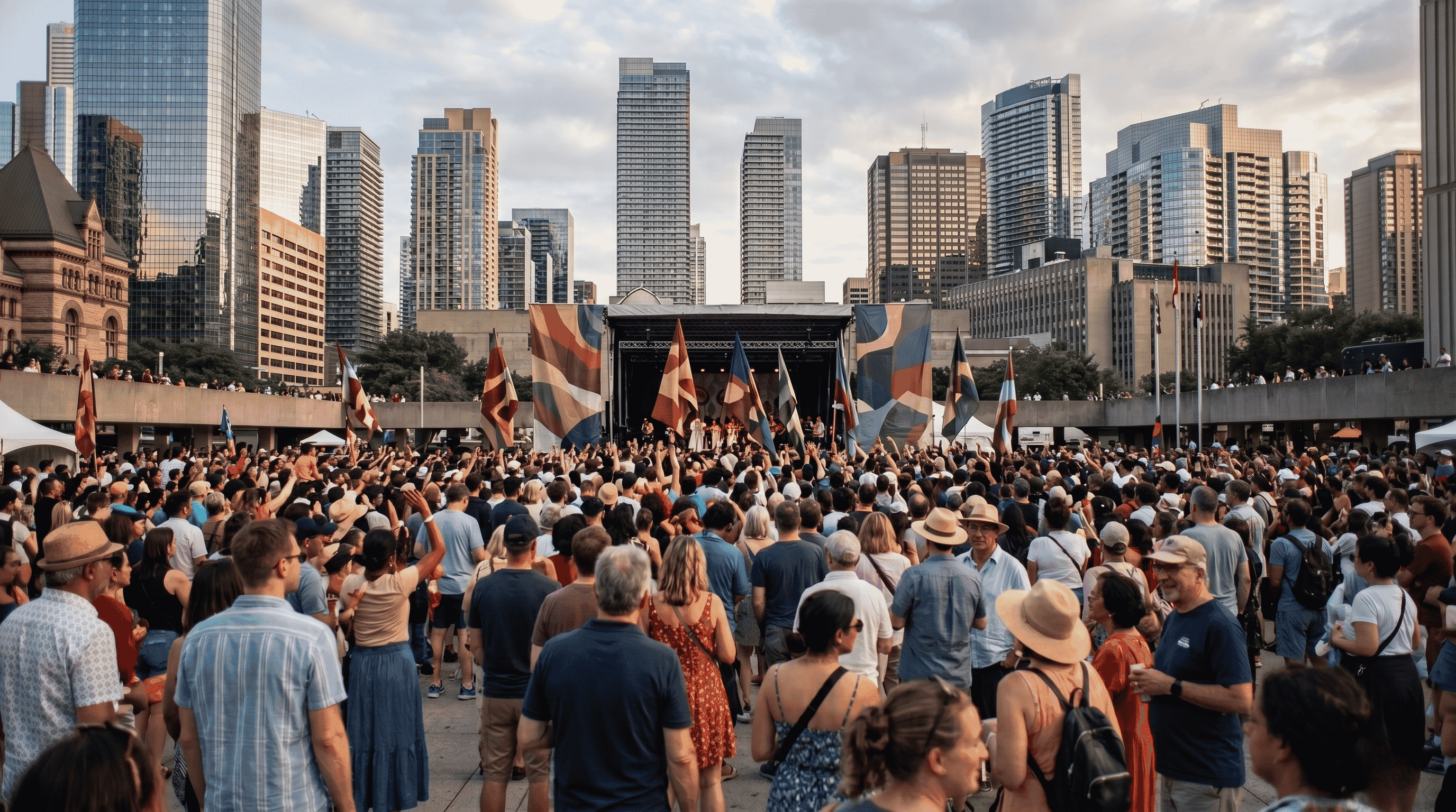 Opening day of the institution. Crowd, city skyline, civic energy.