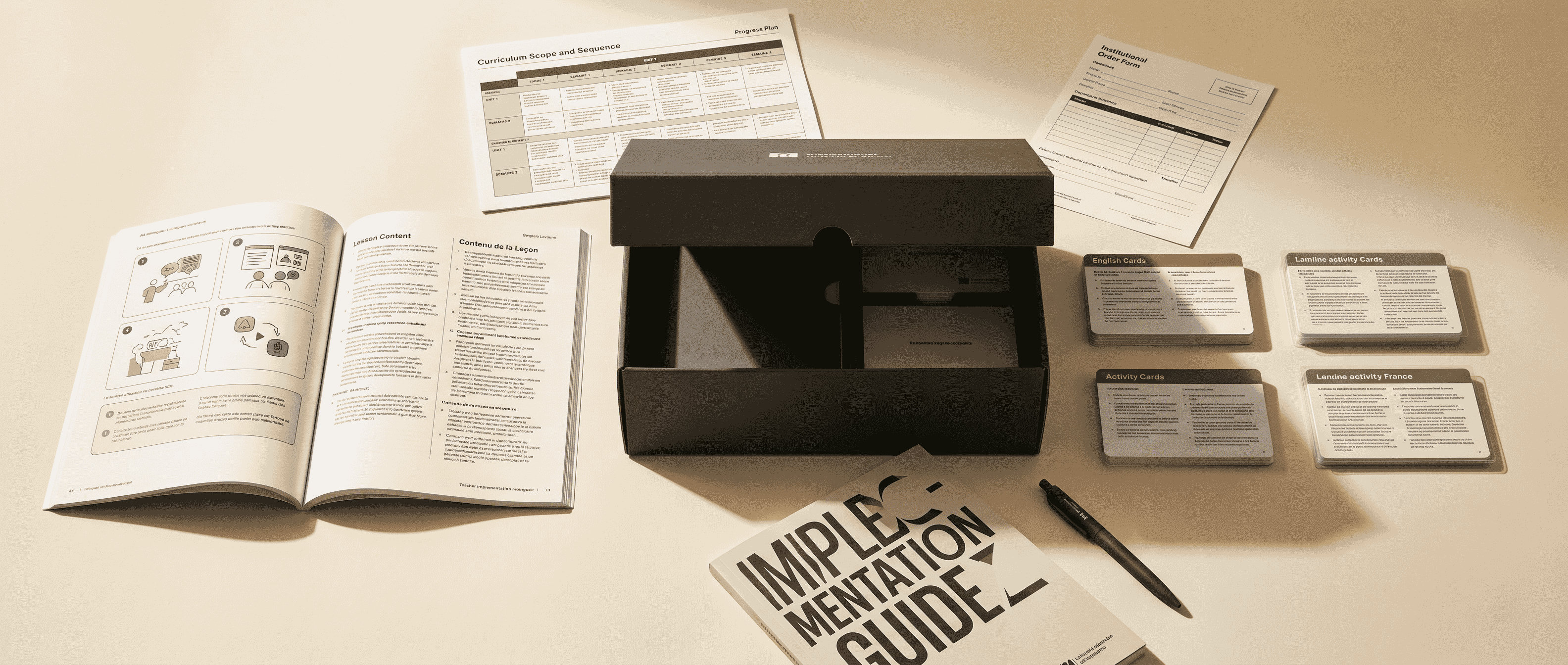 Repositioned product suite — bilingual materials, ecosystem layout, institutional packaging.