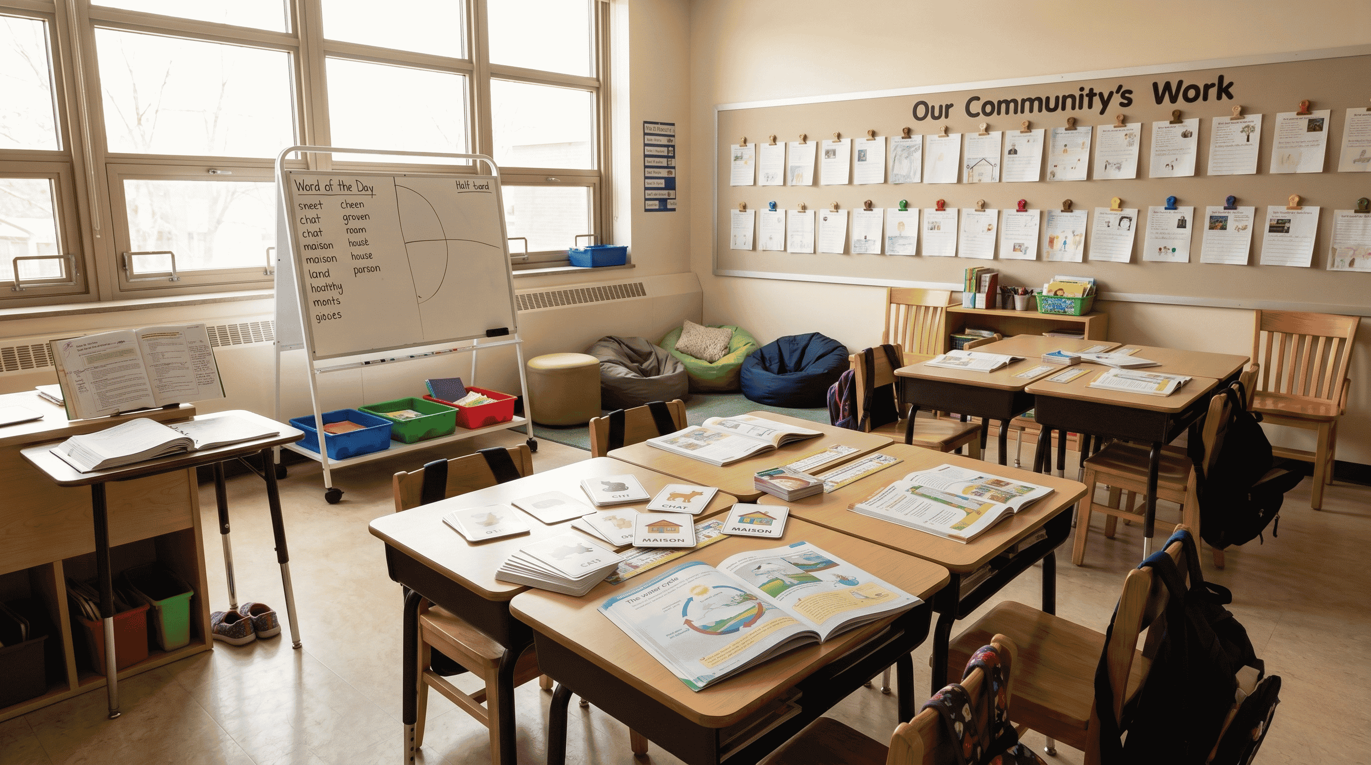 The product in a classroom or institutional context. Materials in use.