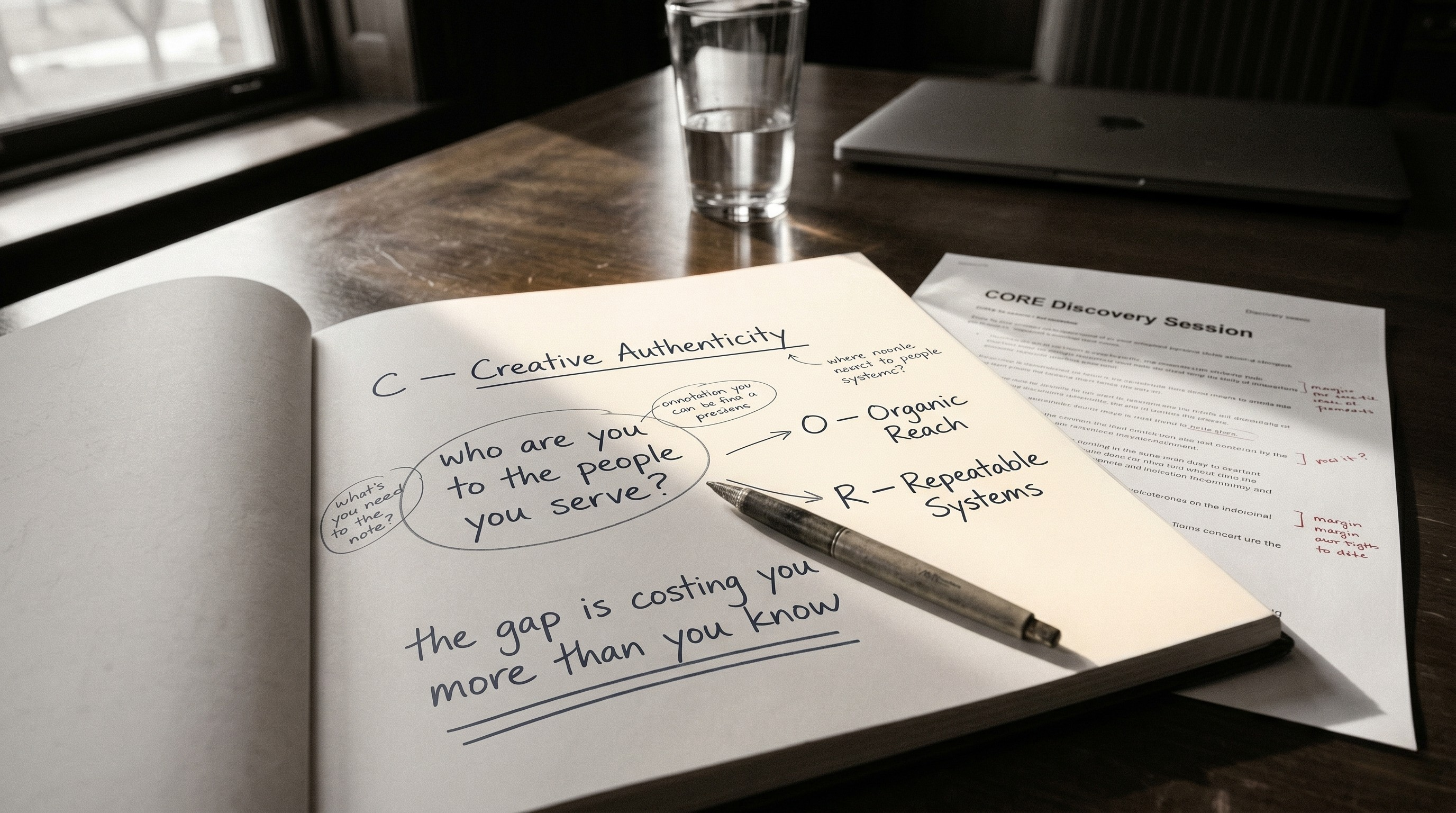 Editorial photograph — the framework in application. Strategy session in motion.
